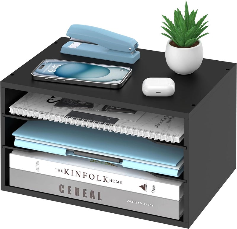 SHARKWOODS Wood Desk Organizer, 3 Tier Paper Tray Organizer for Desk with Adjustable Storage Shelves, Printer Stand Desktop File Organization Paper Sorter Mail Holder for Office Home Classroom, Black - Image 1